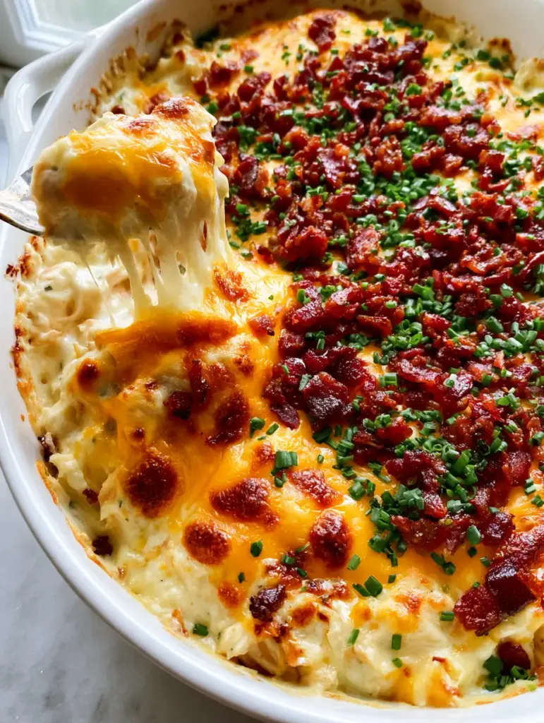 Close up of shredded rotisserie chicken submerged in a velvety ranch and cream cheese sauce.