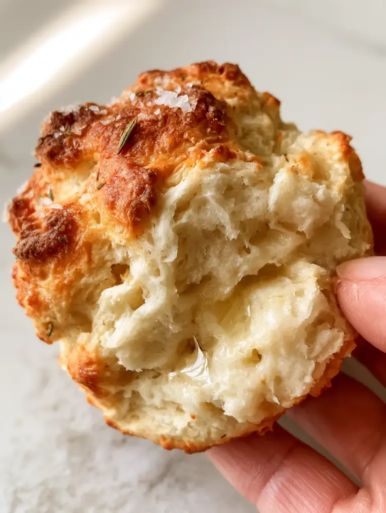 Macro view of the toasted craggy exterior of a protein biscuit with specks of dried rosemary and flaky sea salt.