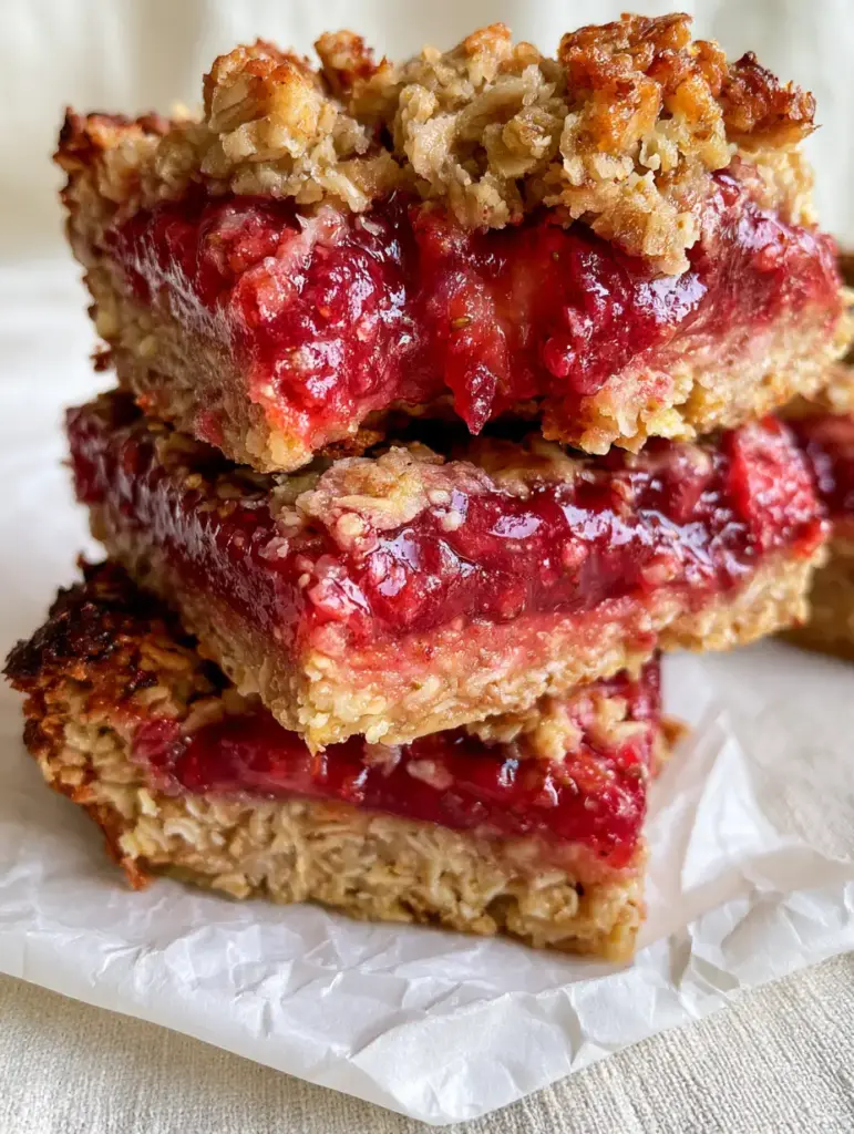 Berry Oat Bars with Strawberry Jam and Toasted Crumble 1 Side view of golden brown Berry Oat Bars with caramelized edges and fresh fruit chunks.