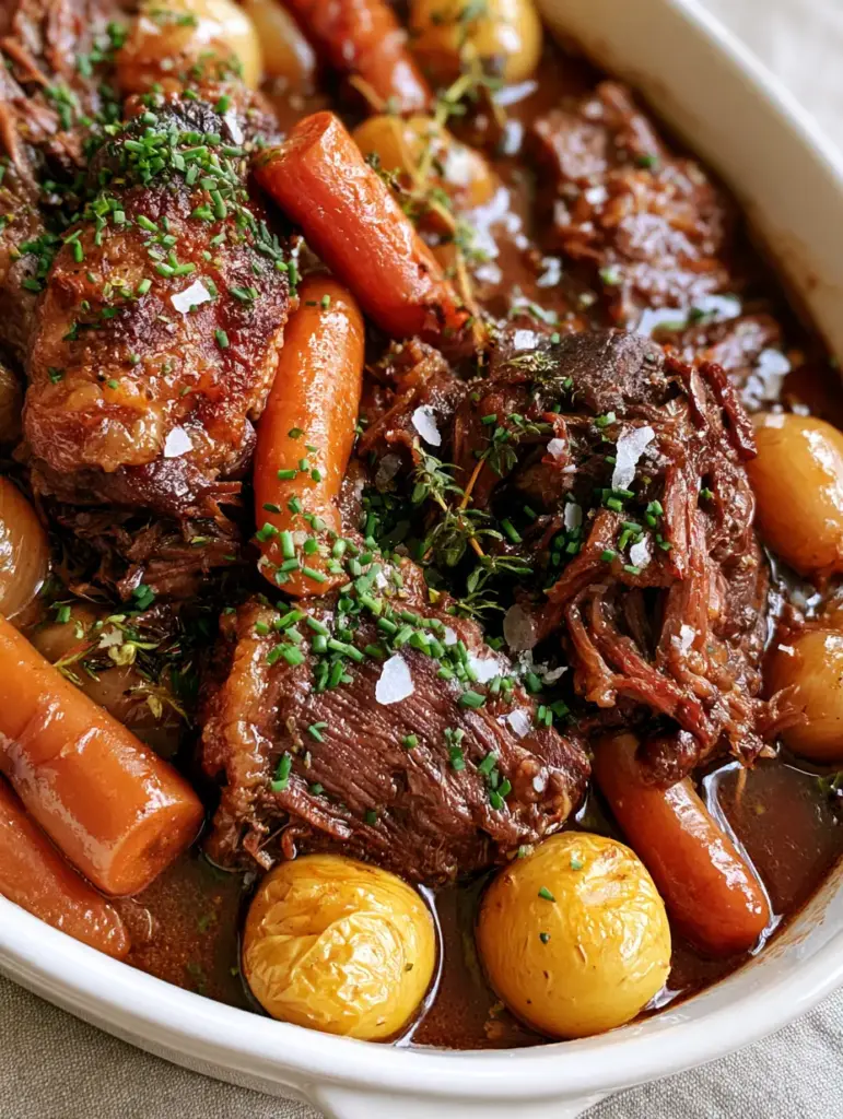 A rustic white ceramic baking dish featuring tender beef roast, golden yellow potatoes, and fresh thyme sprigs with steam rising.
