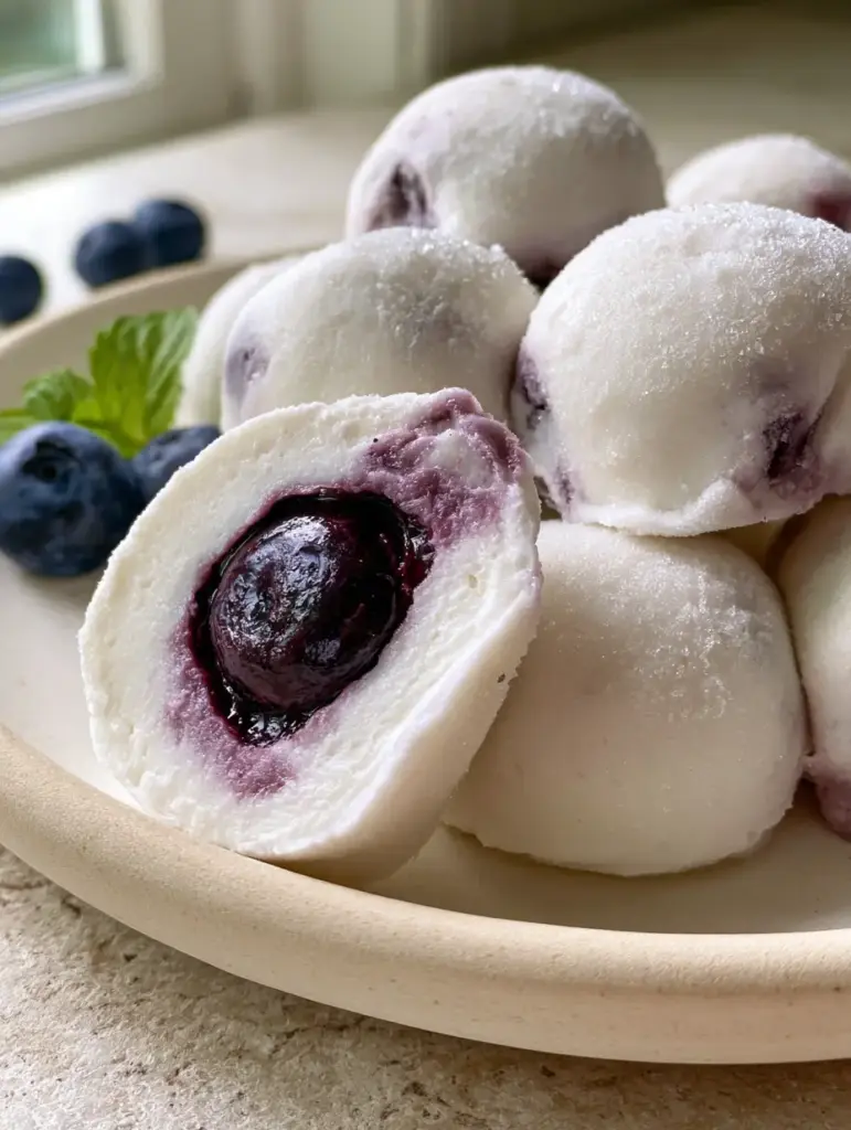 Frozen Blueberry Greek Yogurt Bites with visible frost crystals on a matte ceramic plate.
