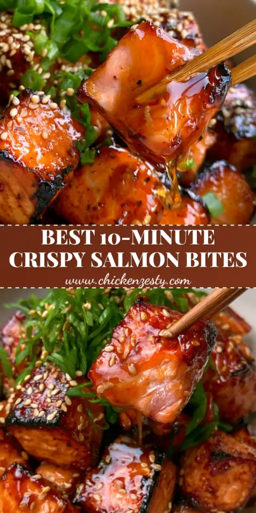 A minimalist white bowl filled with crispy honey garlic salmon bites over jasmine rice, featuring charred edges and a glossy glaze. (honey garlic salmon bites)