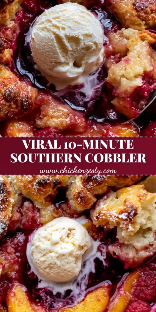 A rustic Southern Peach and Raspberry Cobbler in a white ceramic dish with a golden-brown biscuit crust and bubbling magenta syrup.
