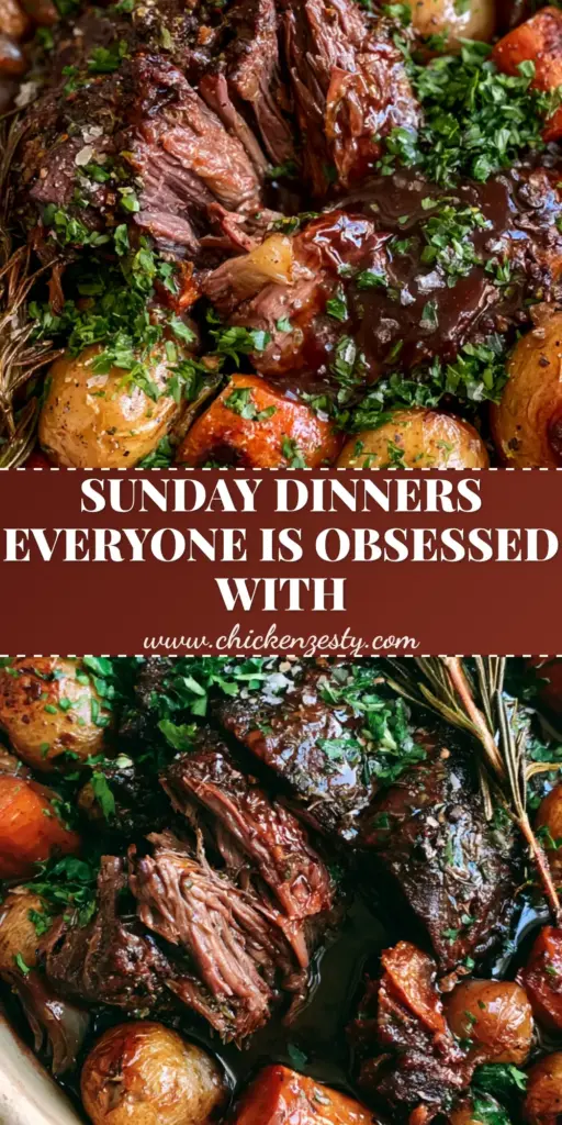 A rustic stoneware pot featuring a fork-tender beef pot roast with dark red wine reduction, blistered baby potatoes, and honey-glazed heirloom carrots. (Sunday family dinner ideas)