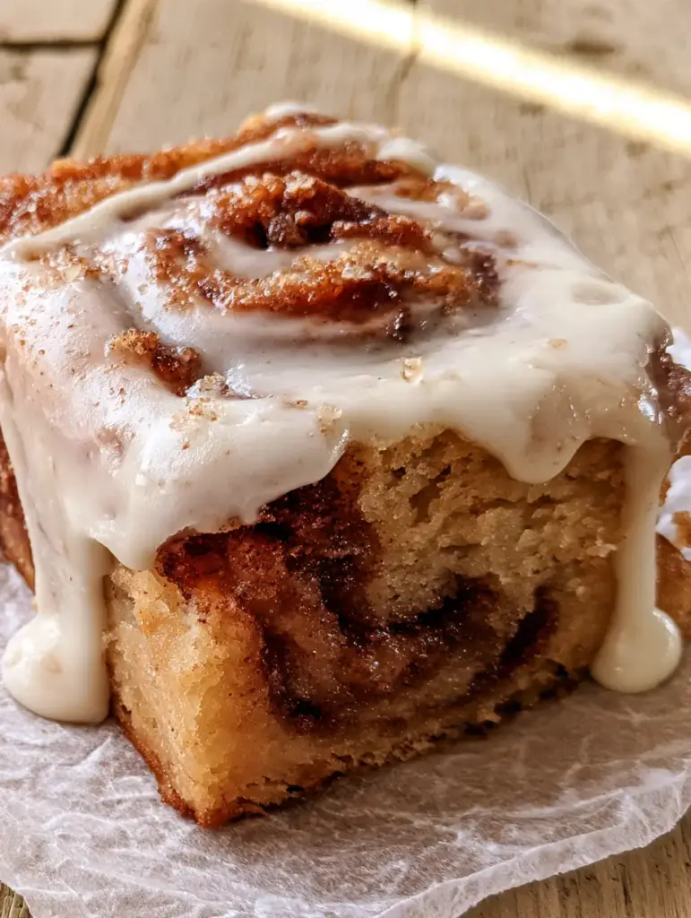 Cinnamon Roll Bars with Thick Cream Cheese Frosting 1 Thick white cream cheese frosting dripping down the sides of gooey cinnamon roll bars.