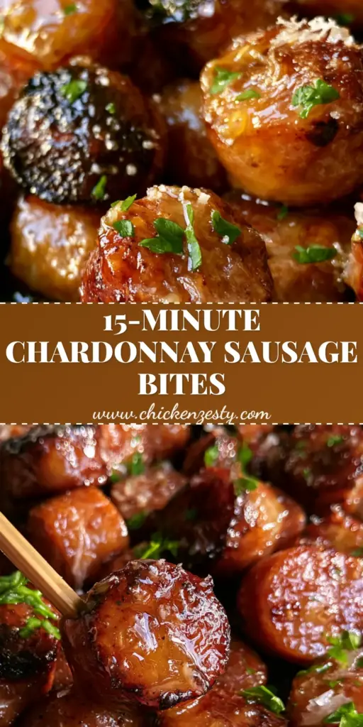 Chardonnay Italian Sausage Bites with Golden Butter Glaze 3 A close-up of Chardonnay Italian Sausage Bites on a platter with a golden glaze and wooden picks.