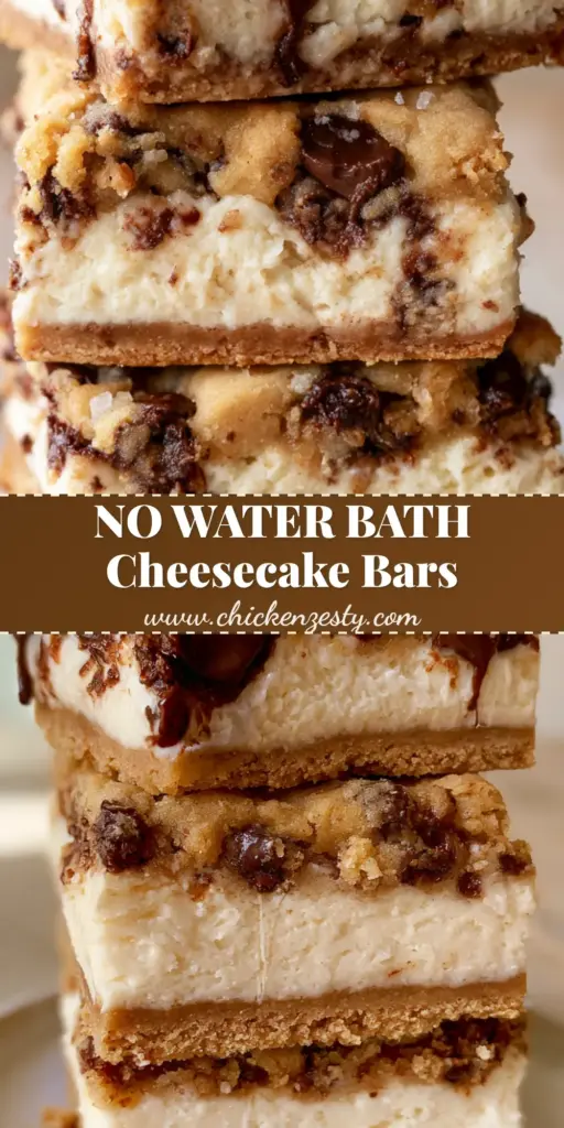 A tall stack of three square chocolate chip cheesecake bars showing a thick graham cracker crust, creamy white center, and cookie dough topping with oozing dark chocolate chips and sea salt.
