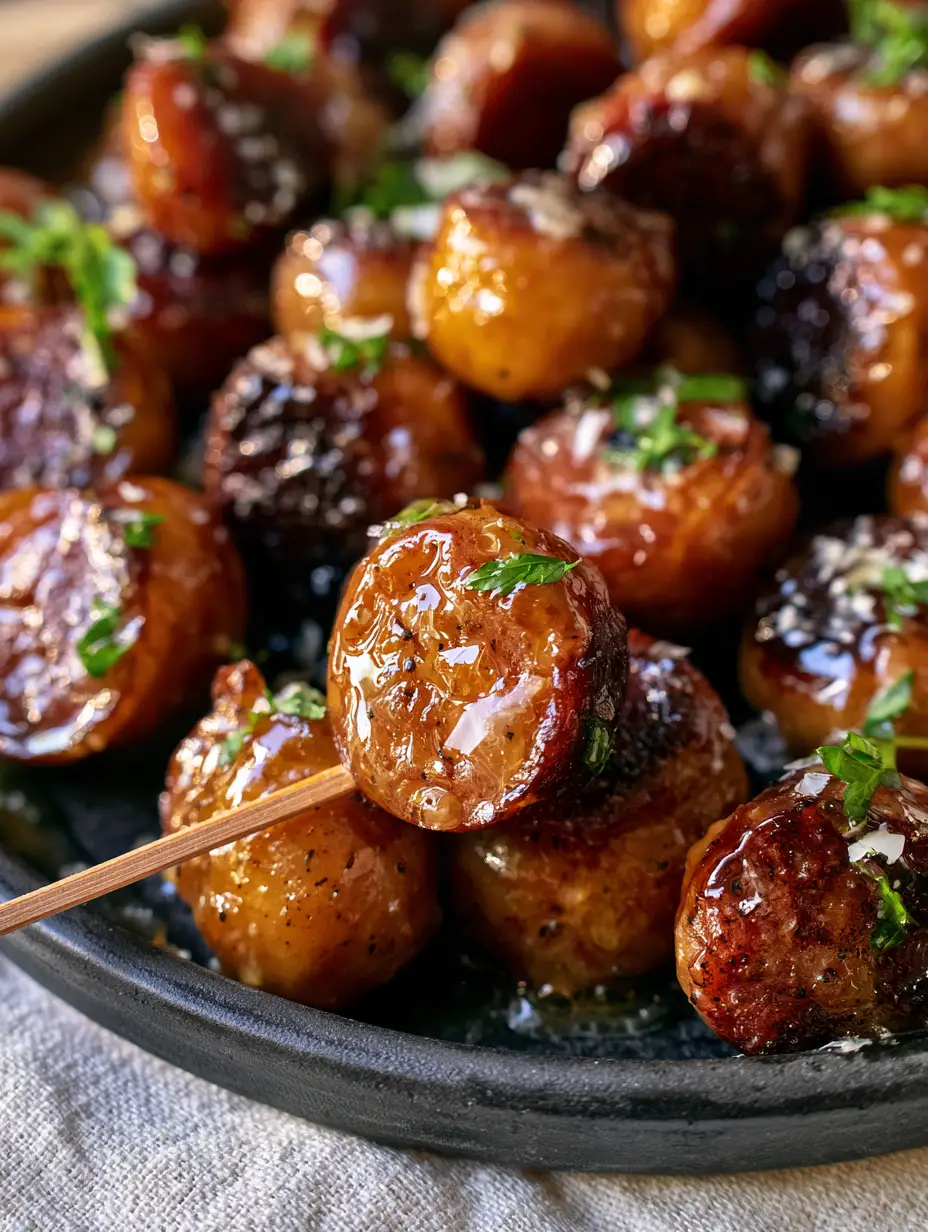 Chardonnay Italian Sausage Bites with Golden Butter Glaze 4 Extreme macro of seared Chardonnay Italian Sausage Bites with caramelized edges and glistening glaze.