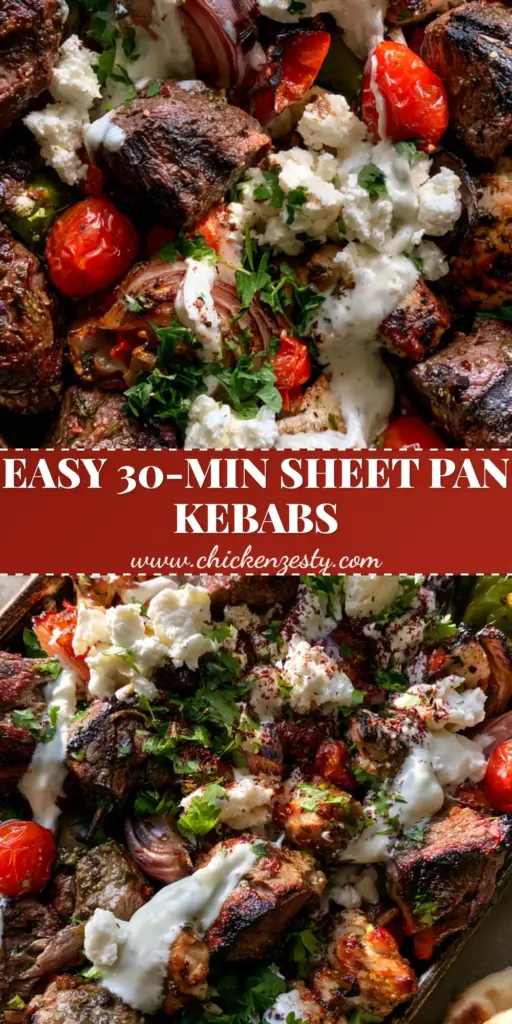 A rustic dark metal sheet pan filled with charred steak cubes, chicken chunks, blistered cherry tomatoes, and green peppers, finished with a thick tzatziki drizzle and feta. (Sheet Pan Kebabs)