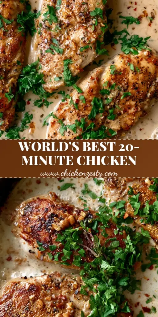 A macro top-down shot of three pan-seared chicken breasts in a bubbling garlic butter cream sauce inside a cast iron skillet. (Chicken Dinner Recipes)