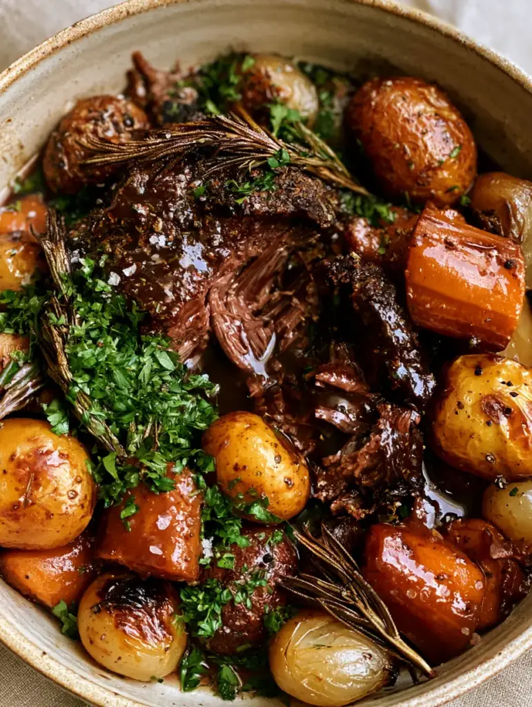 A top-down view of a rustic pot roast with blistered potatoes, charred onions, and honey-glazed carrots.