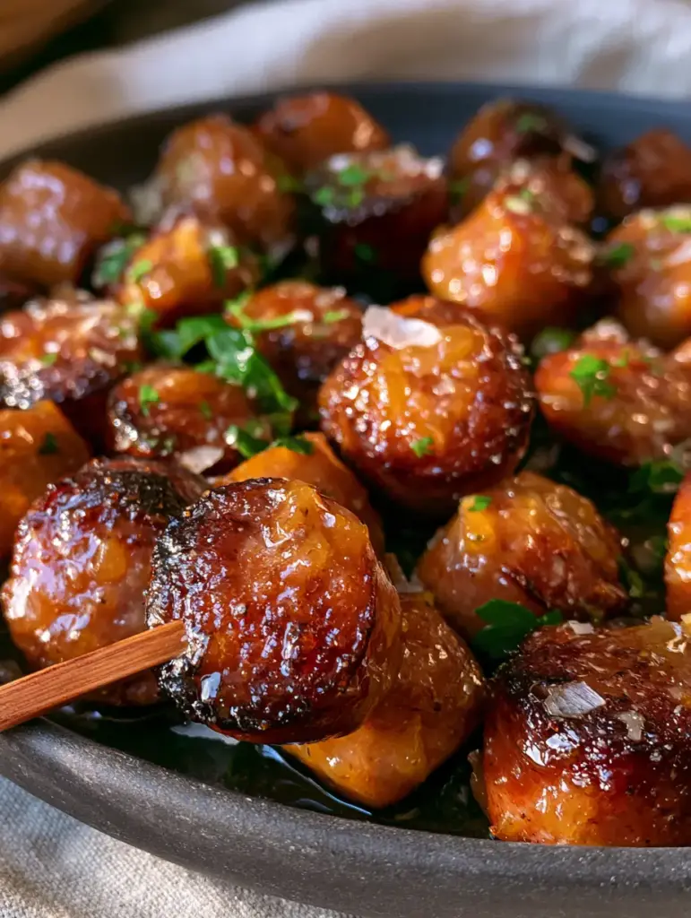 Chardonnay Italian Sausage Bites with Golden Butter Glaze 1 Close-up of golden-amber Chardonnay butter glaze coating Italian sausage rounds.