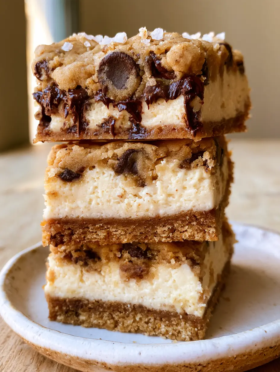 Vertical macro shot of chocolate chip cheesecake bars with a golden-brown cookie dough top and ivory-white filling on a white plate.