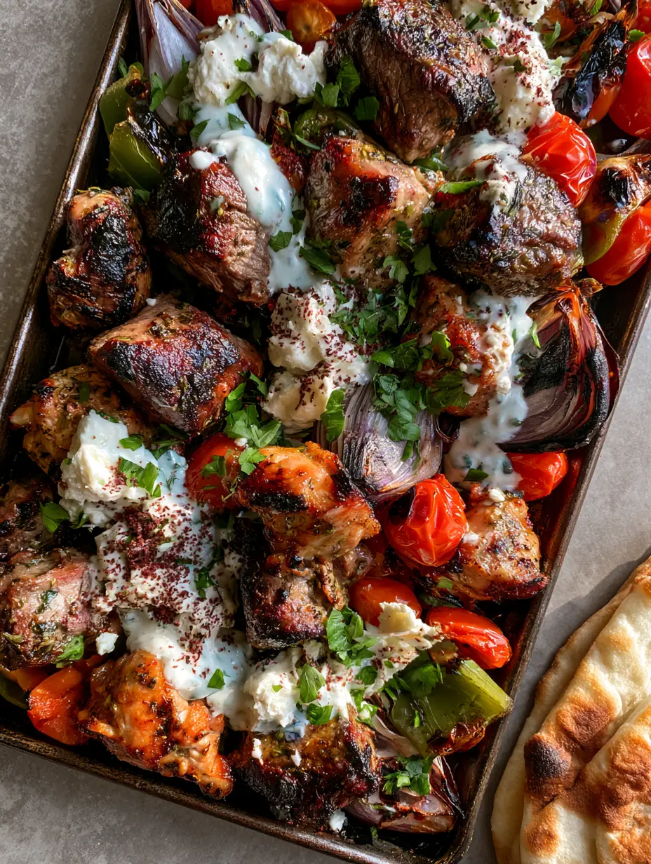Overhead view of succulent steak and chicken kebabs on a sheet pan with charred vegetables and fresh parsley. (Sheet Pan Kebabs)