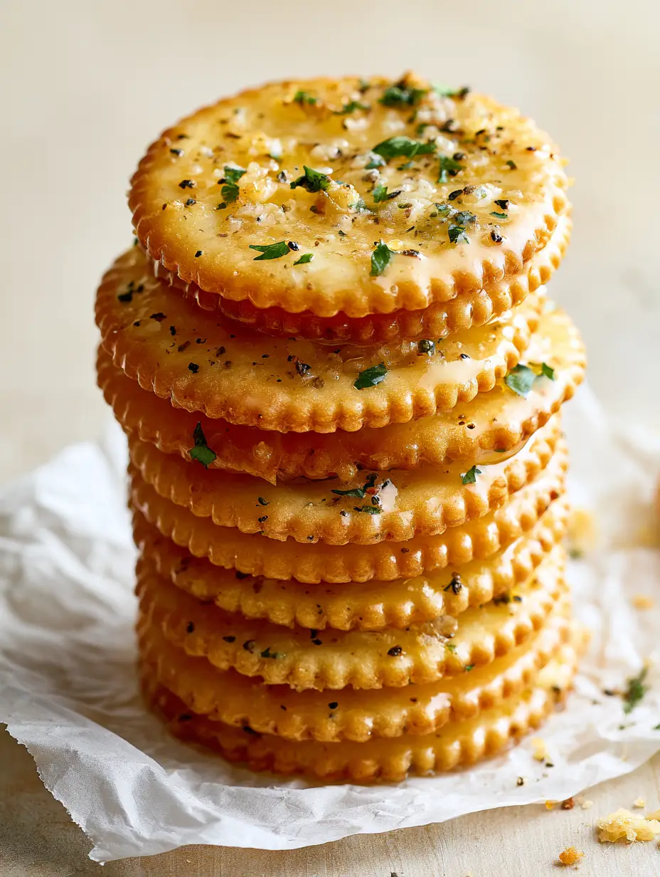 Extreme macro close-up of golden-toasted Garlic Ritz Snacks with parmesan and parsley.