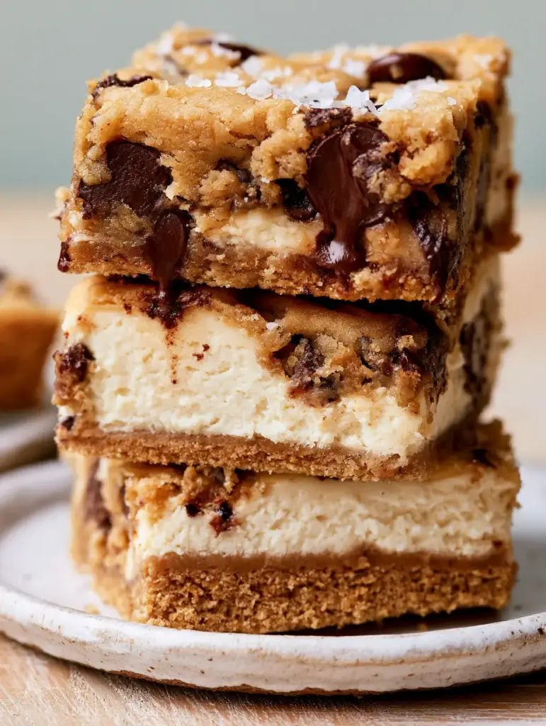 Close up of the top of chocolate chip cheesecake bars showing melted dark chocolate and scattered flakes of sea salt.