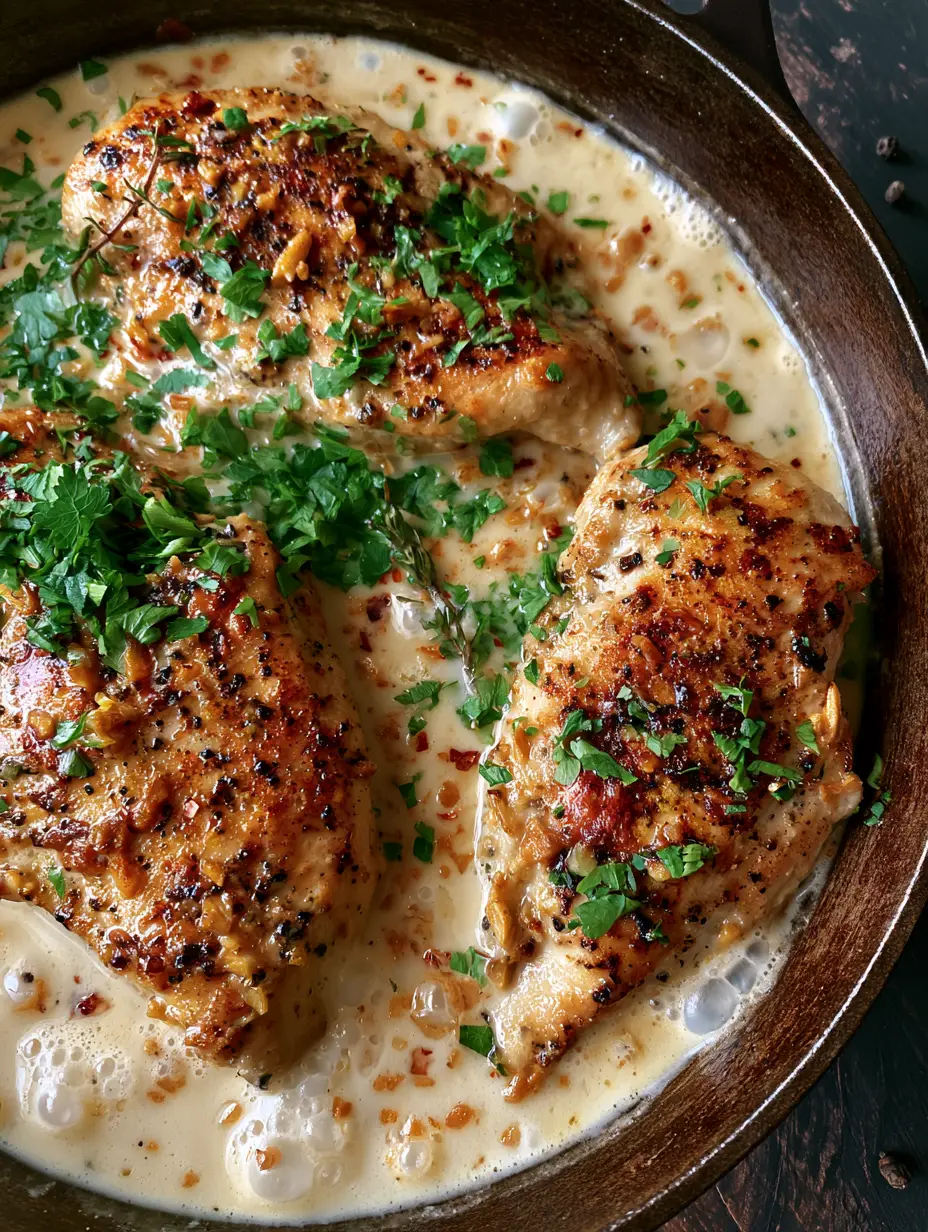 Close-up of golden-brown seared chicken breasts with cracked pepper flecks in a seasoned cast iron skillet. (Chicken Dinner Recipes)