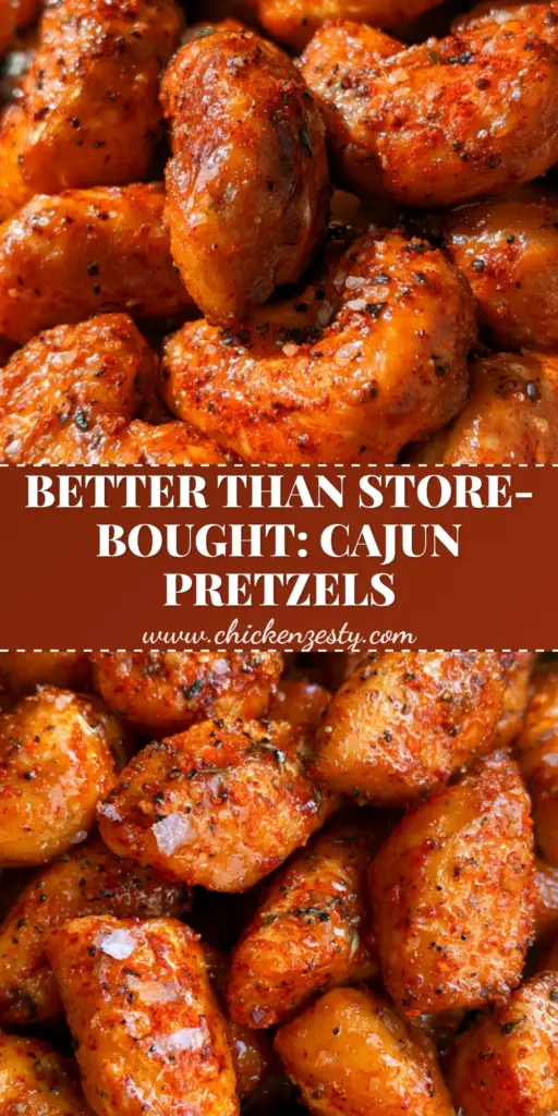 A top-down close-up of a rustic wooden bowl overflowing with glistening cajun pretzel nuggets coated in red spices. (cajun pretzel)