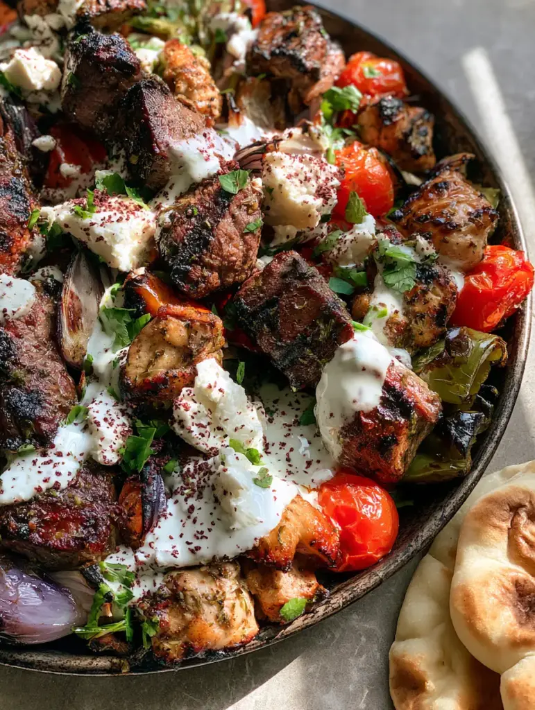 Close up of blistered cherry tomatoes and grilled chicken chunks on a dark metal pan. (Sheet Pan Kebabs)