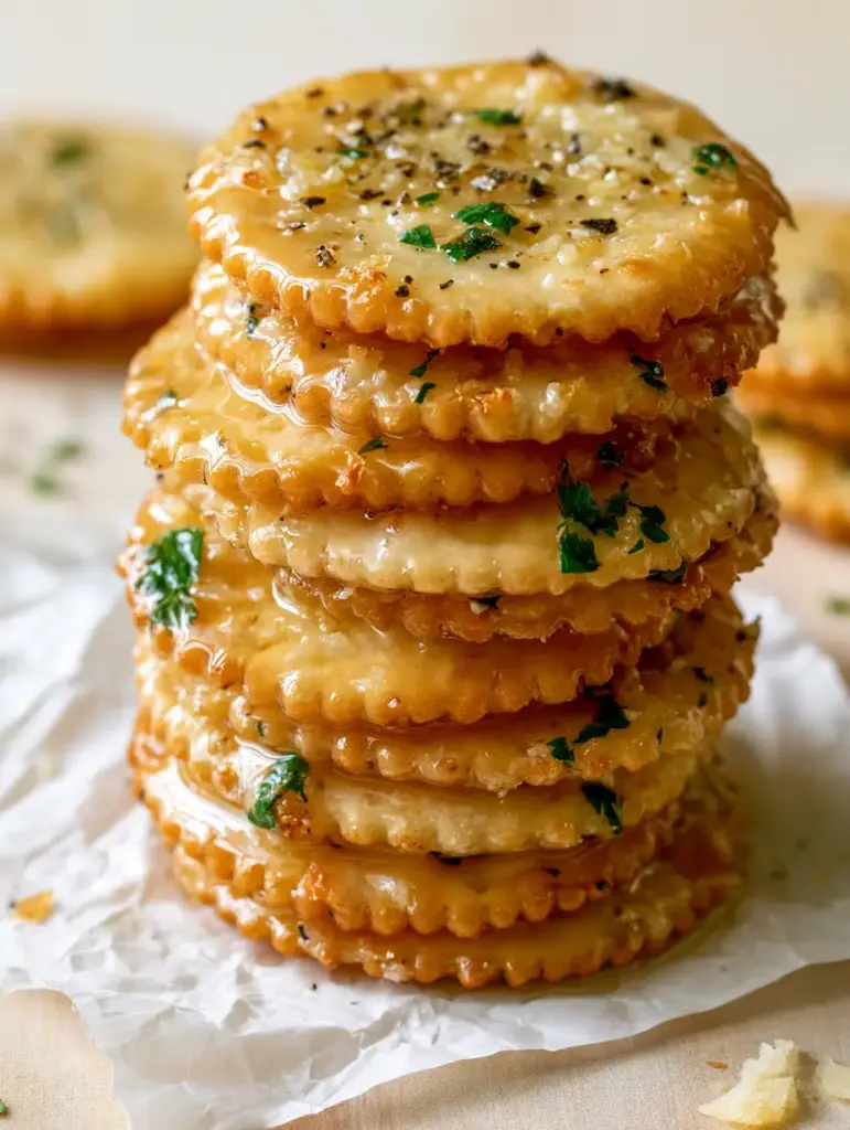 Close-up of Garlic Ritz Snacks showing the texture of cracked black pepper and coarse sea salt.
