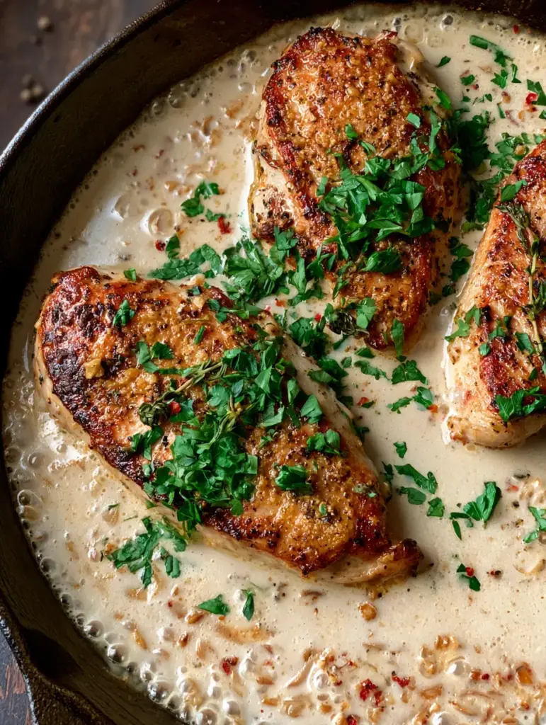 Ivory-colored garlic butter cream sauce bubbling around chicken breasts garnished with fresh parsley and thyme.