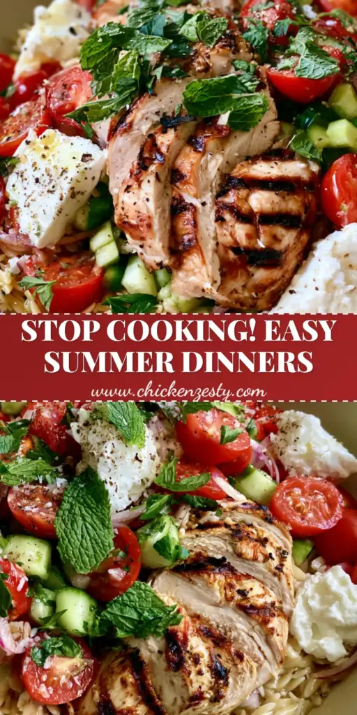 A shallow ceramic bowl of Mediterranean orzo salad with grilled chicken, feta chunks, and fresh herbs. (family-friendly summer dinners)