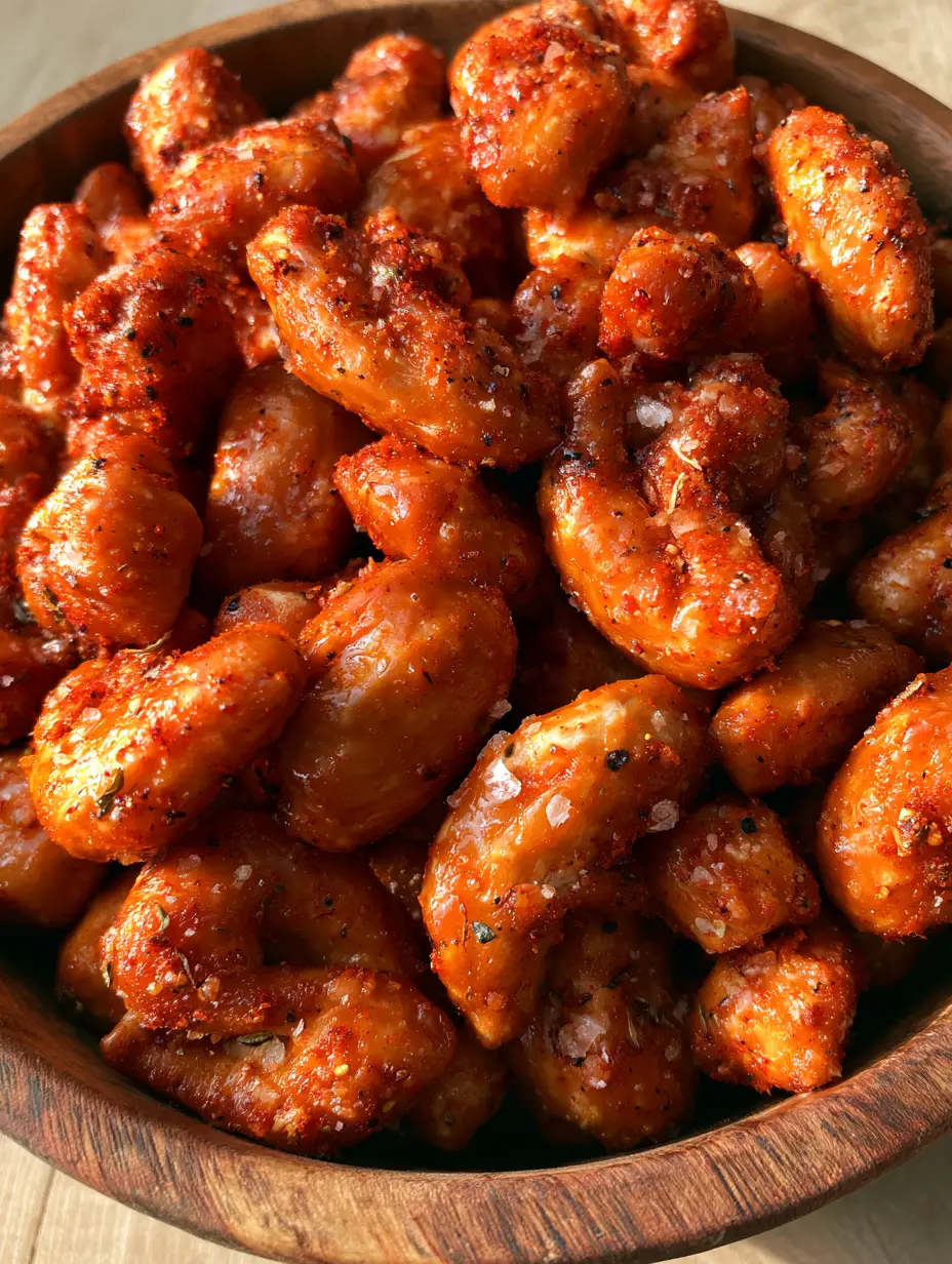 Extreme close-up of spicy cajun pretzel nuggets with a glistening oil glaze and visible paprika flakes. (cajun pretzel)