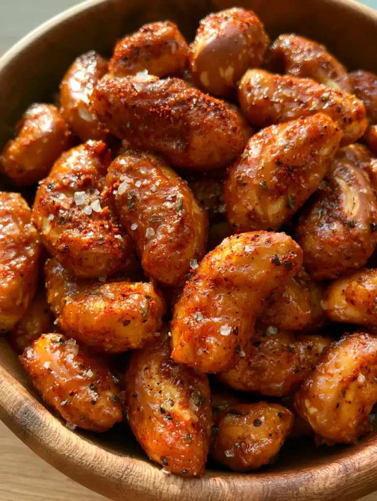 Top-down view of vibrant red cajun pretzels in a dark wooden bowl on a light table.