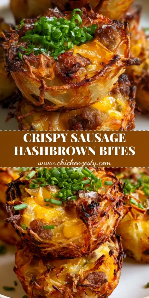A stack of crispy Sausage Hashbrown Bites on a white plate showing lacy golden edges and melted cheese.