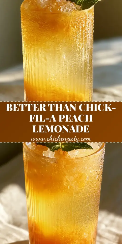 A tall ribbed glass of sparkling peach lemonade with a thick layer of peach puree at the bottom, topped with crushed ice and fresh mint.