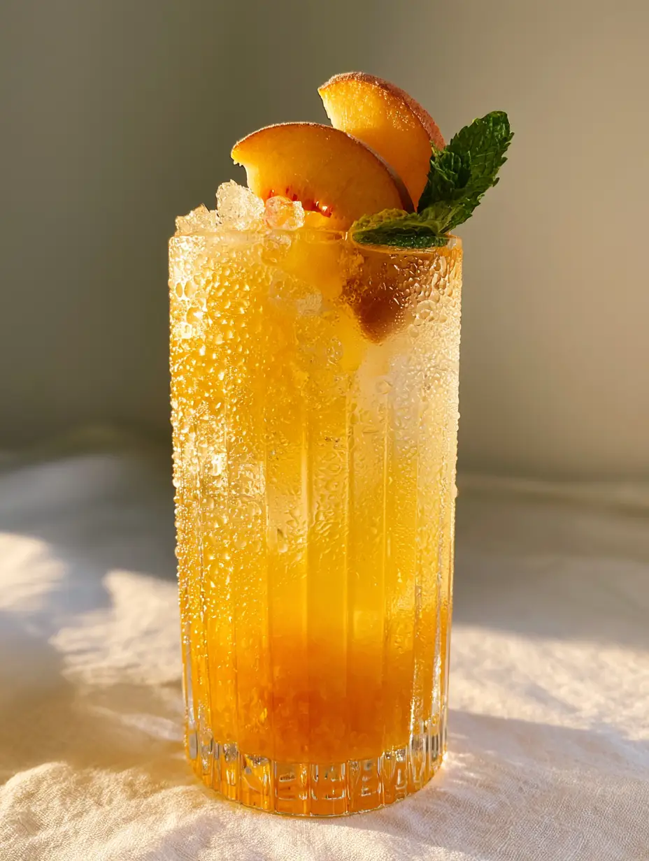 Vibrant peach lemonade in a ribbed glass showing the deep orange to yellow gradient and glistening condensation beads.