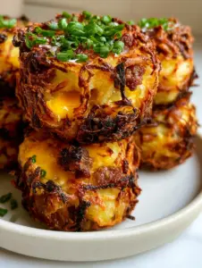 Close up photo of golden brown Sausage Hashbrown Bites with charred potato edges and fresh chives.
