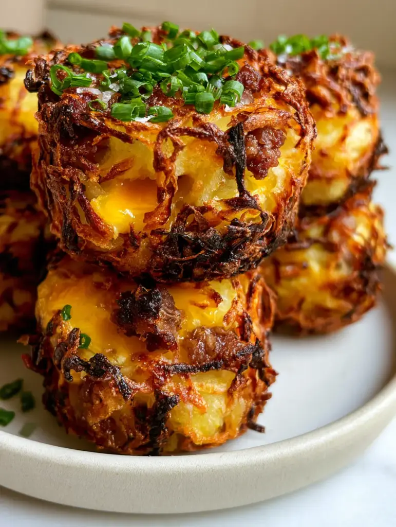 Close up photo of golden brown Sausage Hashbrown Bites with charred potato edges and fresh chives.