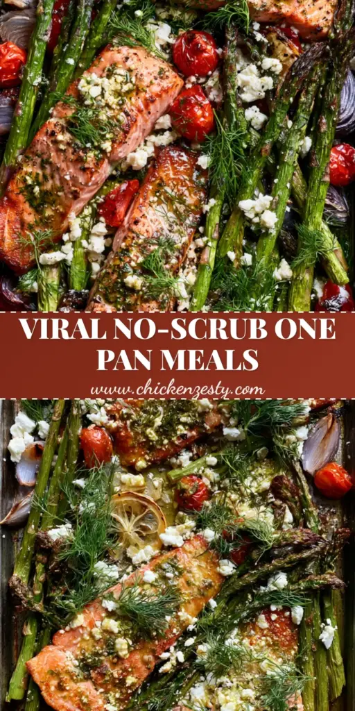 One Pan Meals: Mediterranean Sheet Pan Salmon with Charred Asparagus 4 A rustic dark metal baking sheet featuring seared salmon fillets, charred asparagus, and blistered cherry tomatoes. (one pan meals)
