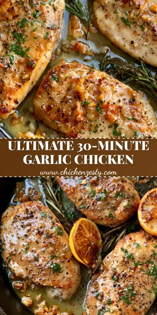 Garlic Herb Chicken with Pan-Seared Butter Sauce 3 A close-up shot of three golden-brown Garlic Herb Chicken breasts in a black cast iron skillet with bubbling butter and rosemary.