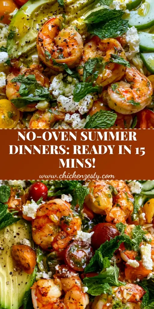 A vertical collage showing a Mediterranean shrimp orzo bowl with feta and mint, perfect for quick summer dinners.
