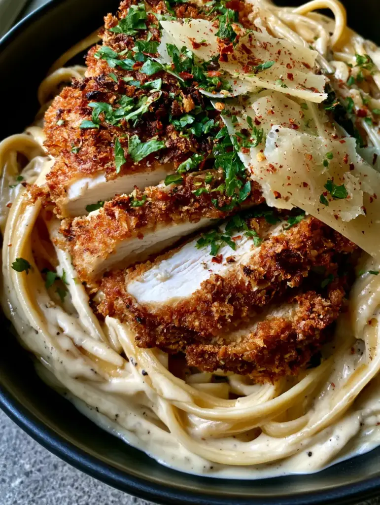 Top-down view of Crispy Chicken Alfredo featuring sliced golden chicken and ivory cream sauce.