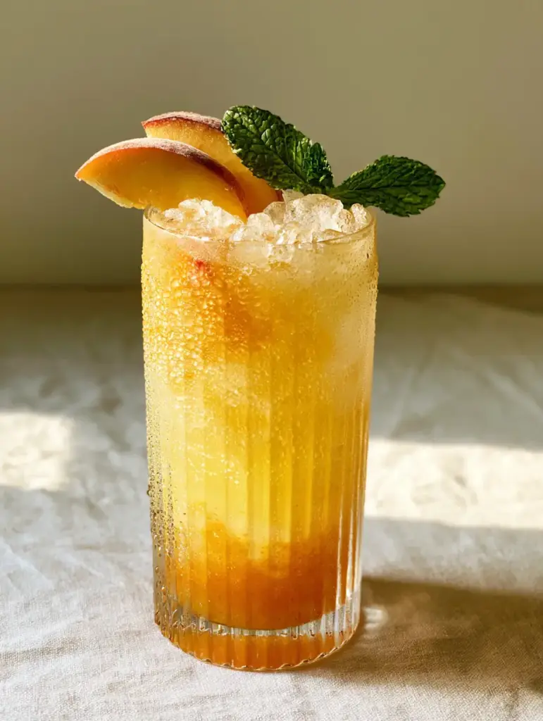 Close up of jagged crushed ice and fuzzy peach wedges in a sparkling peach lemonade.