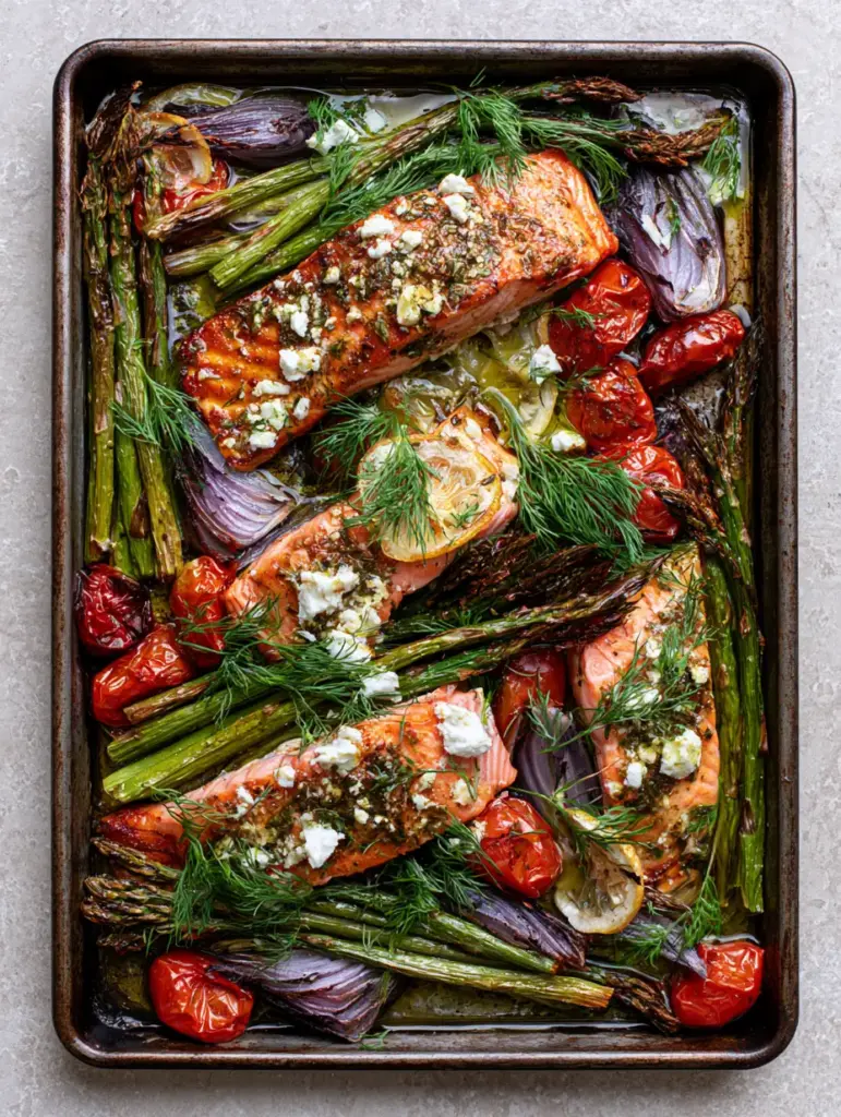 Top-down view of one pan meals featuring crispy salmon and charred vegetables on a dark tray.