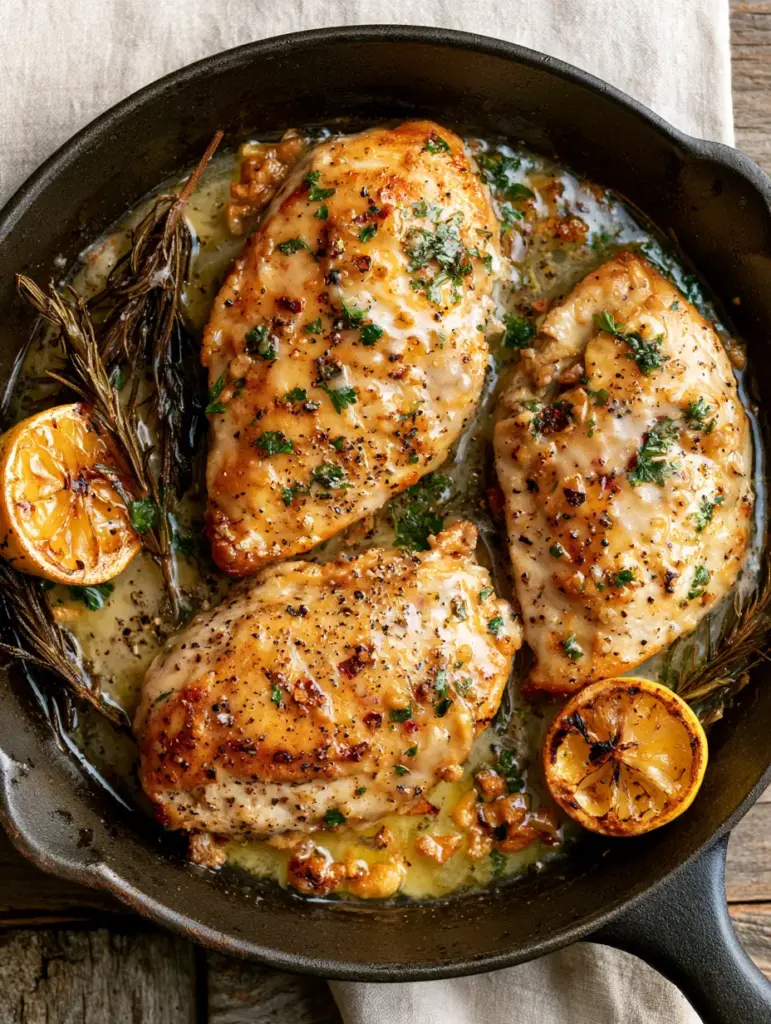 Top-down view of Garlic Herb Chicken with toasted garlic, parsley, and charred lemons in a rustic skillet.
