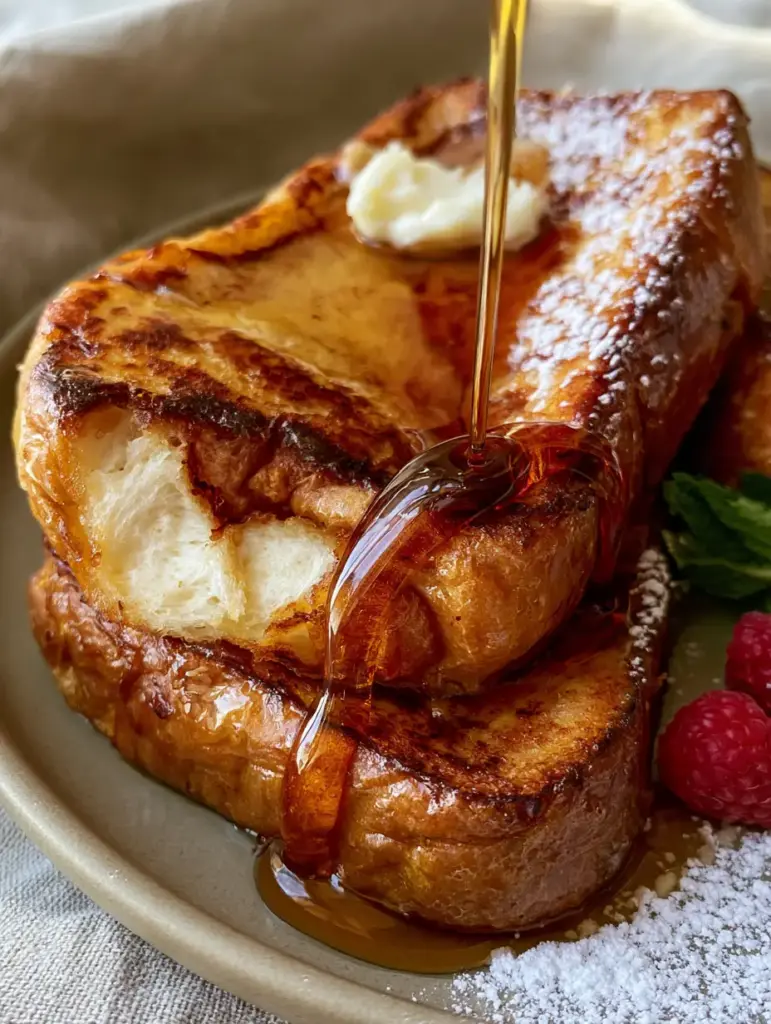 Extreme close-up of golden-brown caramelized crust on homemade french toast with powdered sugar snowfall.