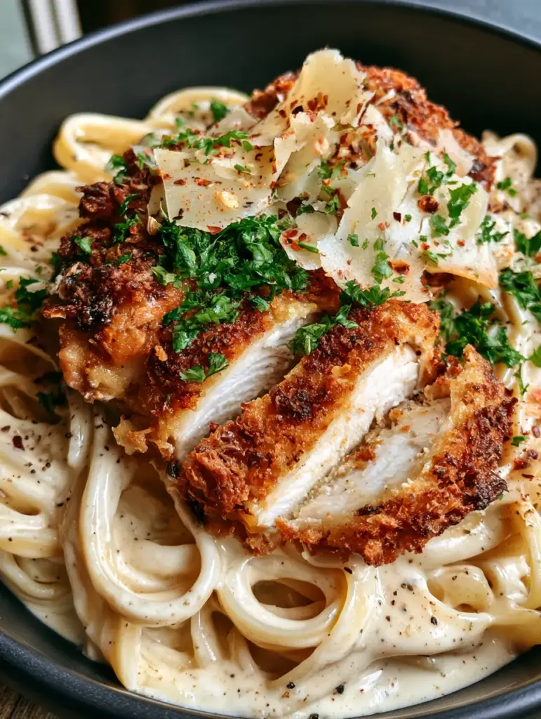 Crispy Chicken Alfredo: The Best Creamy Panko Chicken Pasta 1 Macro shot of sliced crispy chicken showing the juicy white interior and crunchy panko exterior.