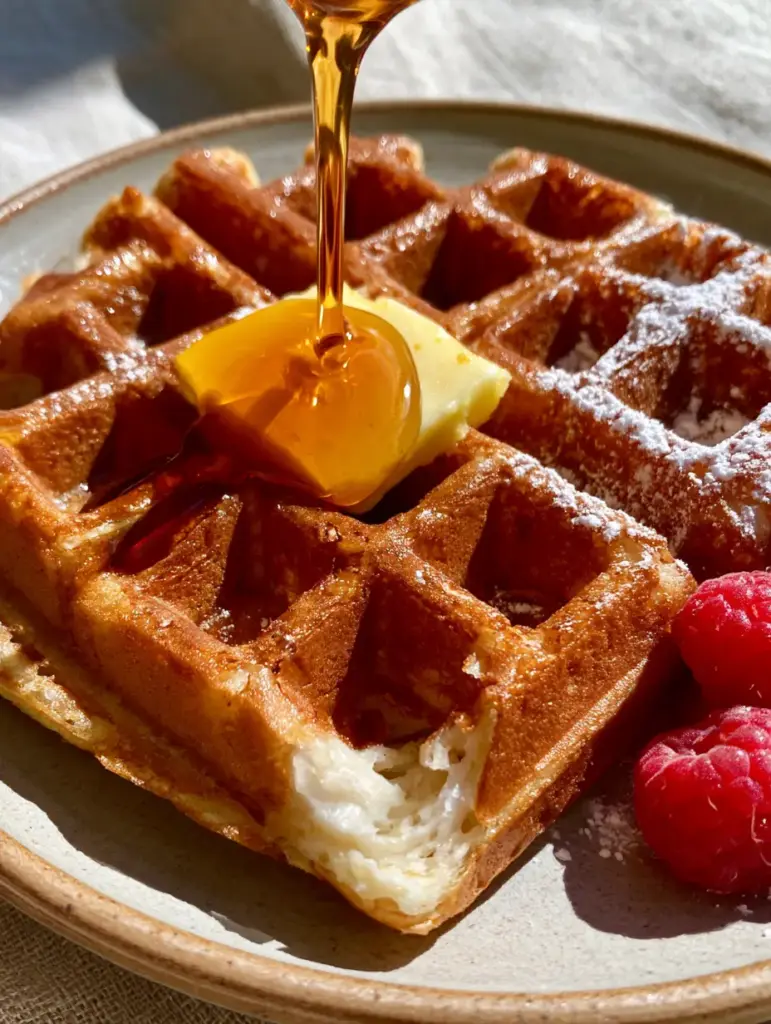Extreme macro close-up of a thick Belgian waffle ridge showing shattered crispy texture and melting butter. (waffle recipes)