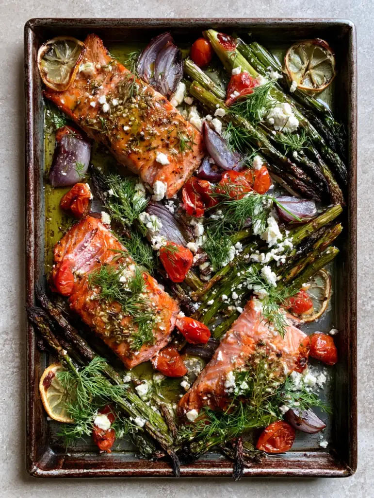 One Pan Meals: Mediterranean Sheet Pan Salmon with Charred Asparagus 1 Detailed shot of blistered cherry tomatoes and caramelized red onions in one pan meals.