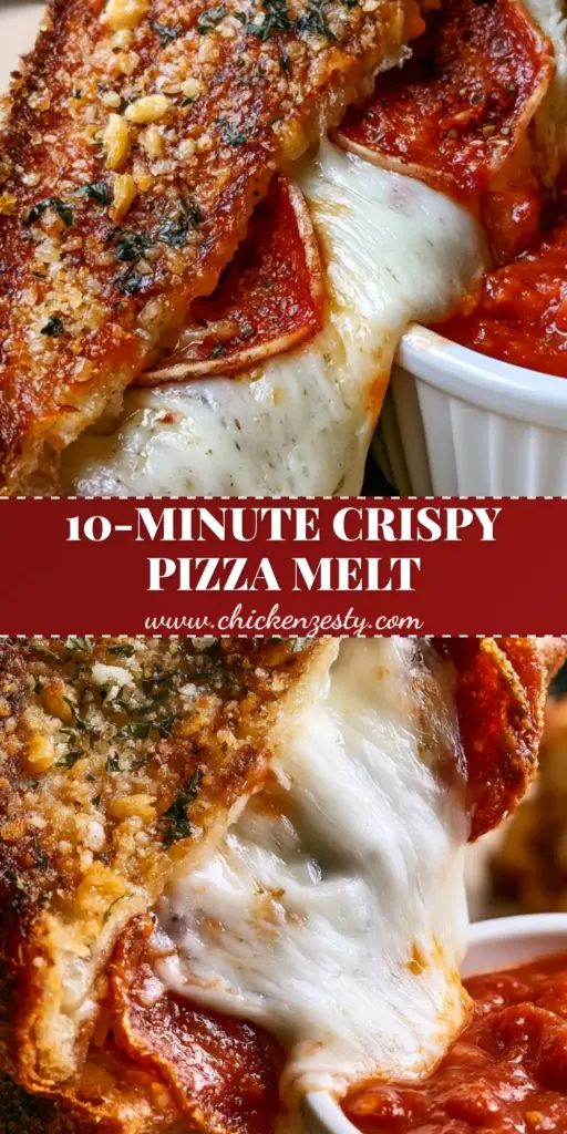 Extreme close-up of a Pizza Grilled Cheese with a thick mozzarella pull and crispy pepperoni, dipped in marinara sauce.