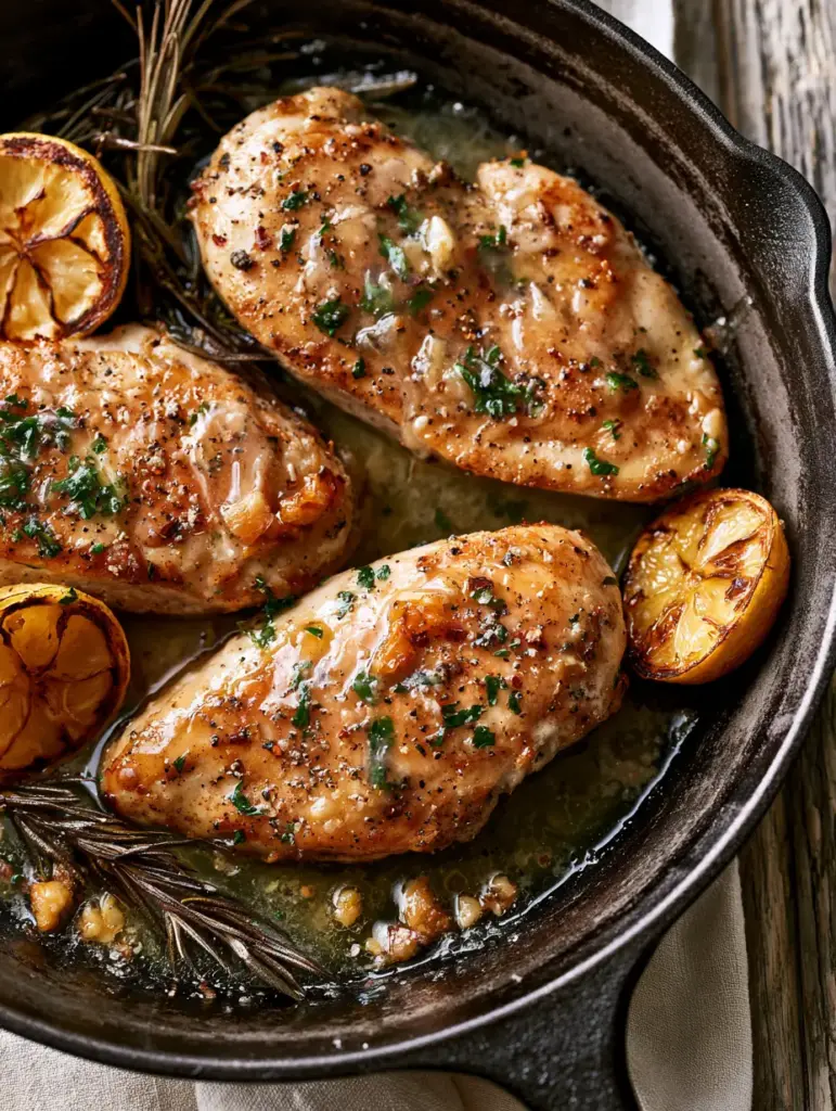 Garlic Herb Chicken with Pan-Seared Butter Sauce 1 Close-up detail of bubbling garlic butter sauce over seared chicken with woody rosemary sprigs.
