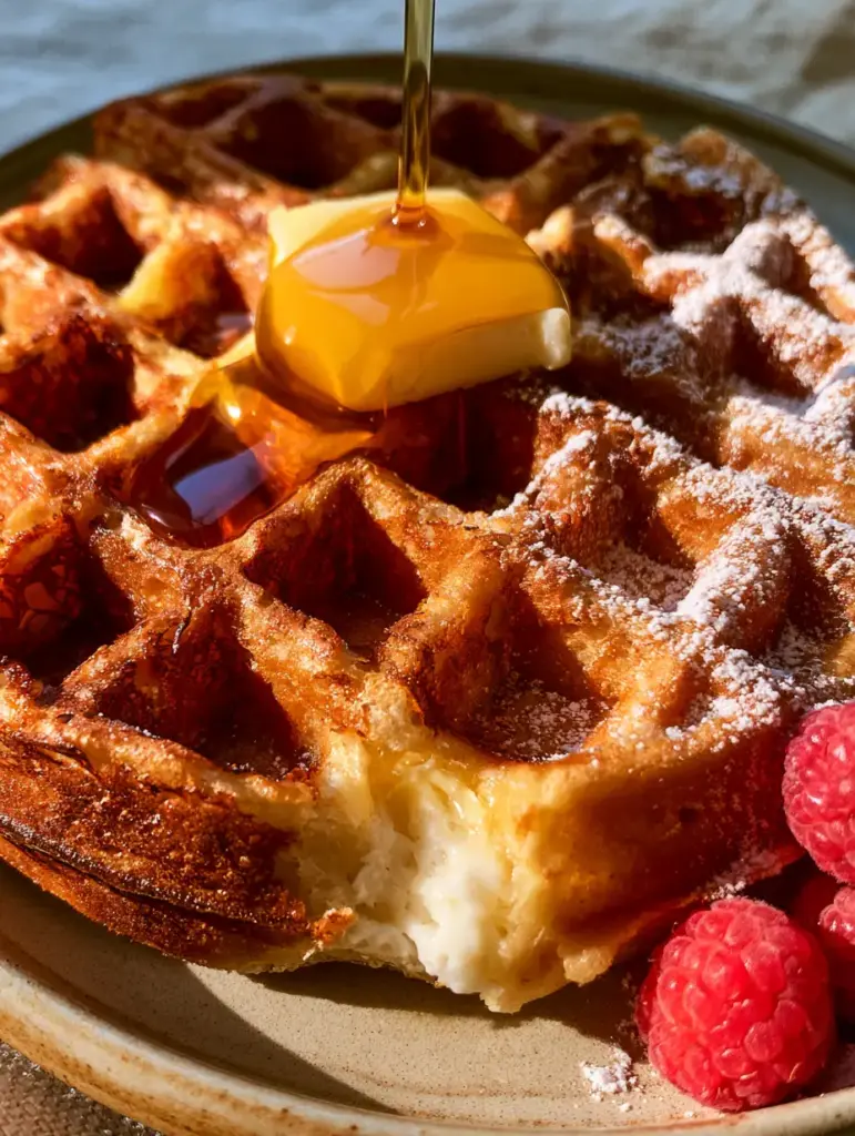 Waffle Recipes: The Ultimate Crispy Belgian Waffle Guide 1 A stream of glossy amber maple syrup being poured over a golden-brown waffle with fresh red raspberries.