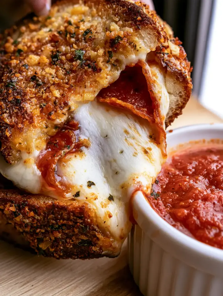 Macro photography of golden toasted sourdough pizza grilled cheese with visible steam and garlic flakes.