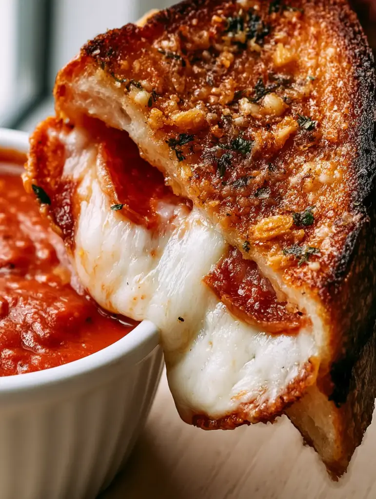Side view of a Pizza Grilled Cheese showing the melted mozzarella and sourdough crust encrusted with herbs.