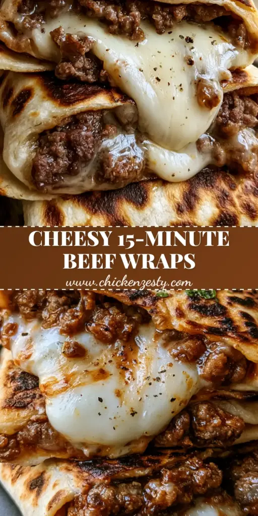A stack of three cheesy ground beef tortilla wraps sliced open to show a gooey Monterey Jack cheese pull and glistening beef juices. (ground beef tortilla wraps)